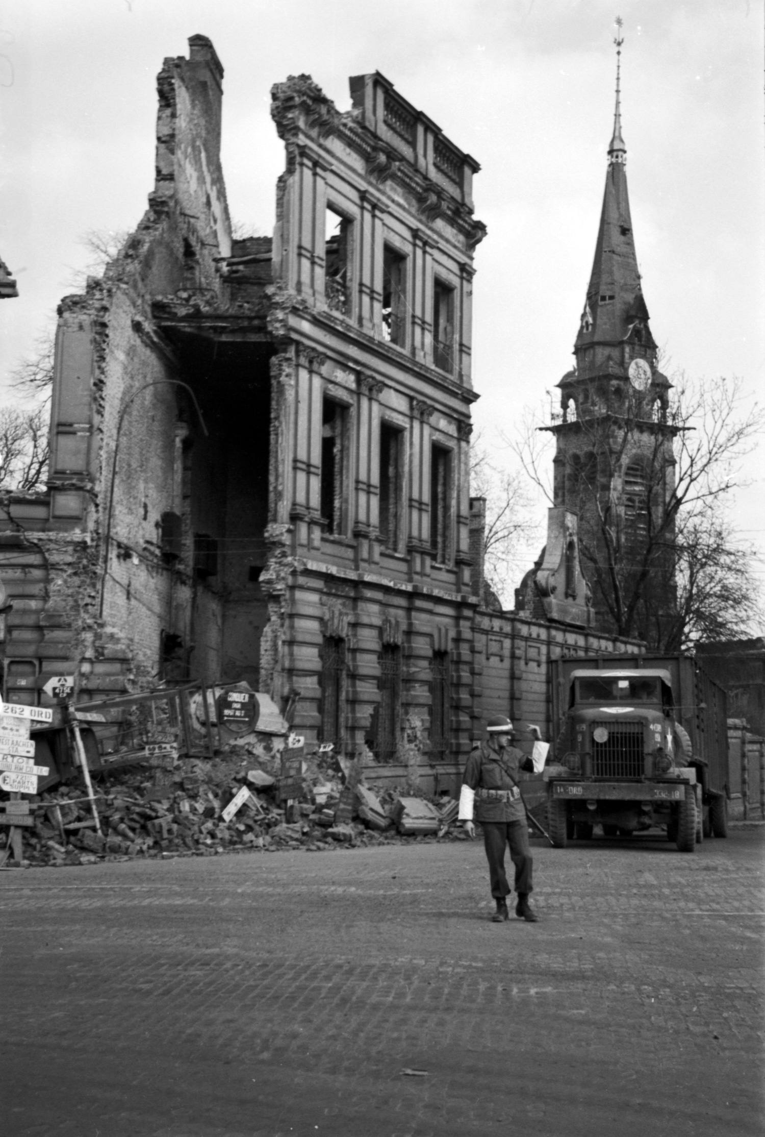 LeeMillerArchives Plaster work Aachen facade with Dreifaltigkeitskirche in background Aachen Germany 1945